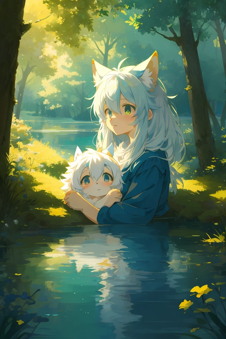 masterpiece, 1girl, child, orange hair, long shaggy wild hair, animal ears, hugging a little cute chibi fox, sitting on a stone, 8k, best quality, detailed <lora:fashionGirl_v50:0.6>