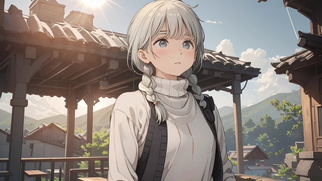 one woman,  talents, cozy turtleneck sweater, Upper body angle, Very cute, Perfect good looks, Braid, ash gray hair, glare of the sun, Depth of object being written, blurred background, particles of light, Strange wind, Highest image quality, highest quality, ultra high resolution, master piece, (Apsaras ⅱ)