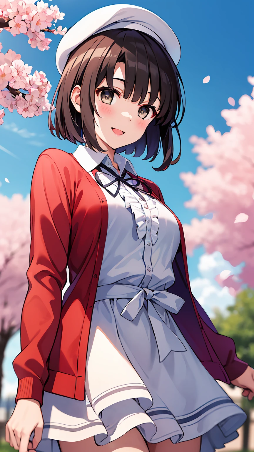 ((masterpiece, best quality, highres)), depth of field, 
BREAK, 1girl, standing, cowboy shot, close mouth, smile, 
BREAK, (outdoor, cherry blossom),   
BREAK, aamegumi, short hair, beret, white headwear, neck ribbon, frills, white dress, red cardigan, open clothes, long sleeves, white bow