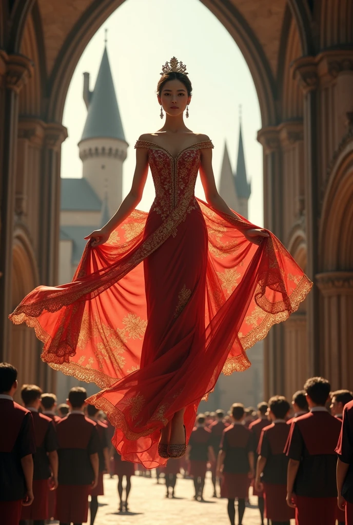 The beautiful ballet queen with long veal red dress with kimg dancing in a masquerade parade