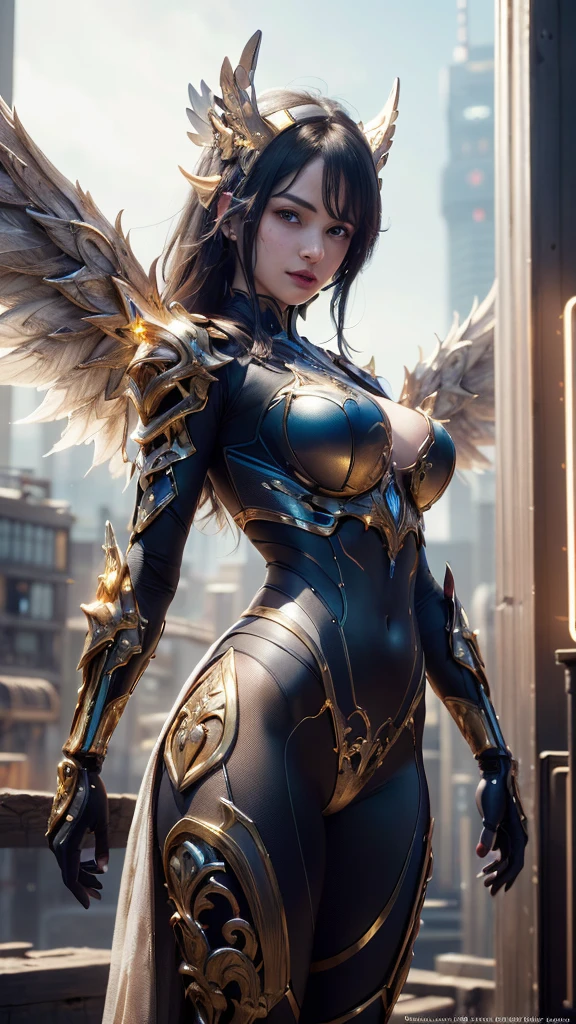 Realistic 1.5, cyberpunk, (masterpiece, best quality, highres:1.2), (intricate and beautiful:1.2), (detailed light:1.2), athletic body, big breasts, fashion photography of cute mechangel, glowing 4 wings, solo, glowing armor, building, glowing mechanical 4 wings, (official art), (cinematic),