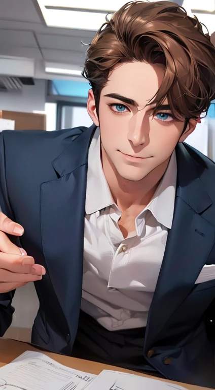 (best quality,4k,8k,highres,masterpiece:1.2),ultra-detailed,(realistic,photorealistic,photo-realistic:1.37),1 man,3,mature man,very handsome,without expression,smile,short grey brown hair,blue eyes,penetrating gaze,perfect face without errors,imposing posture,businessman,office background,cinematic lighting,hdr image