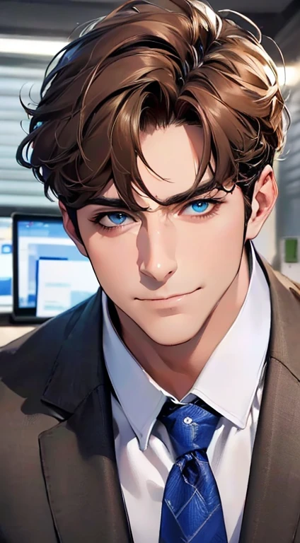 (best quality,4k,8k,highres,masterpiece:1.2),ultra-detailed,(realistic,photorealistic,photo-realistic:1.37),1 man,3,mature man,very handsome,without expression,smile,short grey brown hair,blue eyes,penetrating gaze,perfect face without errors,imposing posture,businessman,office background,cinematic lighting,hdr image