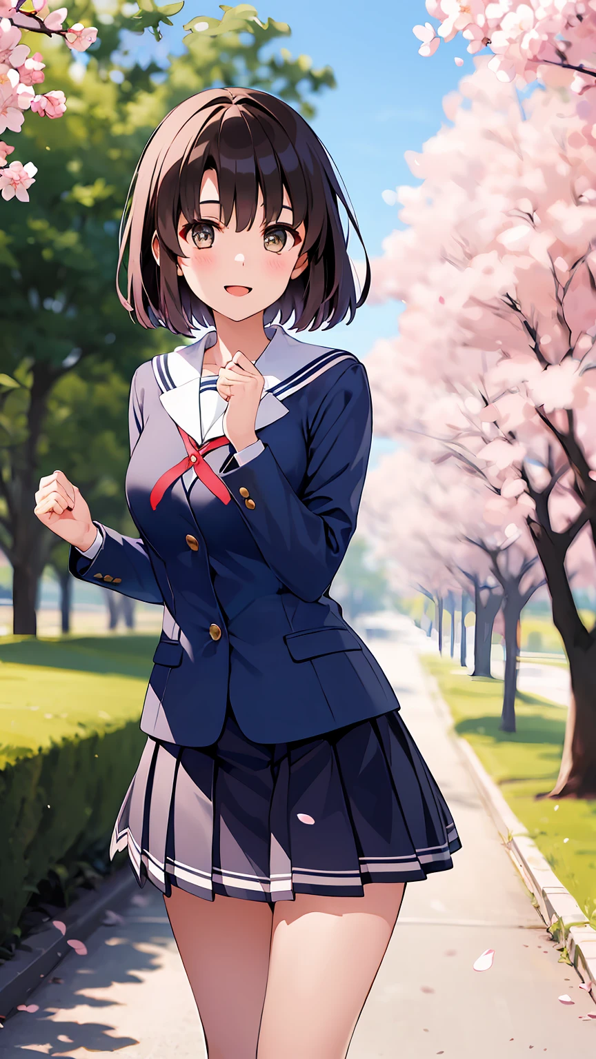 ((masterpiece, best quality, highres)), depth of field, 
BREAK, 1girl, standing, cowboy shot, close mouth, smile, 
BREAK, (outdoor, cherry blossom),   
BREAK, bbmegumi, short hair, school uniform, sailor collar, (blue shirt:1.2), long sleeves, pleated skirt, blue skirt