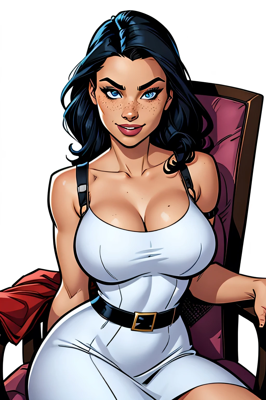 Slim and athletic woman (rogue x-men), 25 years, 8k ((high definition)), beautiful smile, sighing and seductive look, blue eyes, wearing a dress with flowers ((with V-neck and straps)), white belt, arms positioned at the sides of the body, white skin, black curly hair ((shoulder height)), sitting in an armchair, at the table ((upper body)), curvy and with freckles on her neck and breasts, big round breasts. Marvel style ((high quality)), white background.