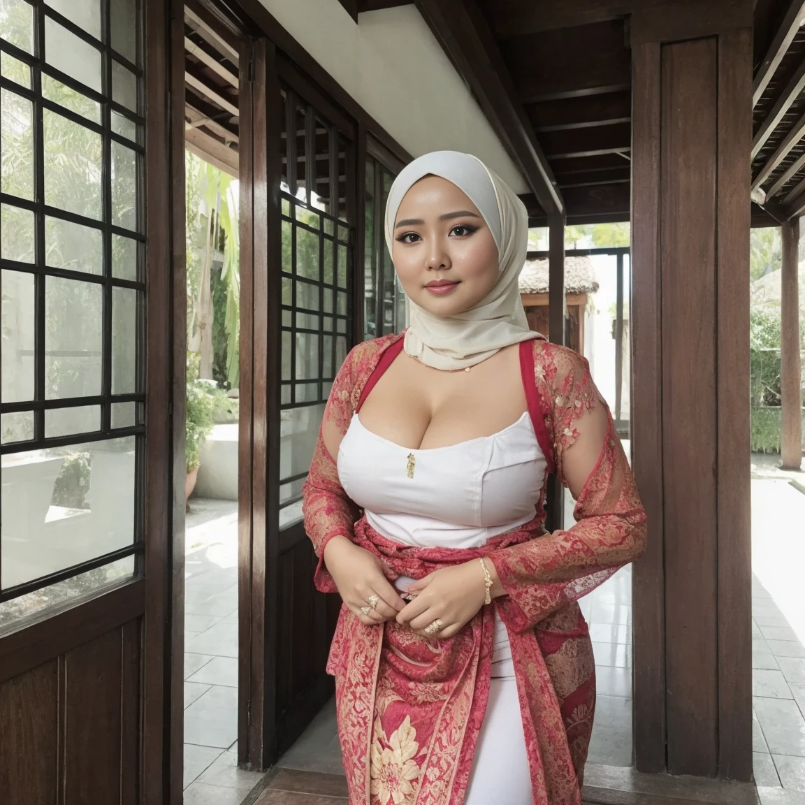 1 Hijab Indonesian MILF, Sugar Mama, Short Hijab, Big Tits, Tight Kebaya Bali, Chubby body, Squeezing , at bali tradistional house, Bright light, at Daytime