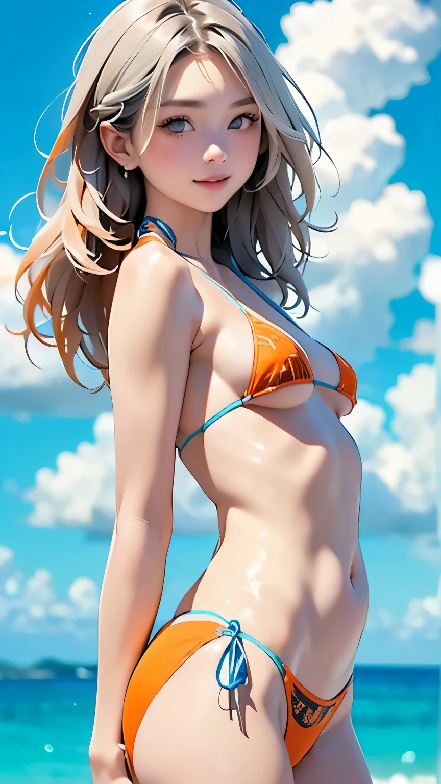 (Best Quality、masterpiece、High resolution)、4K Anime Art、((1 person))、(Beautiful Japanese Women、Baby Face、Small woman)、((whole body))、(Natural standing posture)、 (Detailed depiction of a beautiful face)、smile、Small breasts、Slim figure、Silver Hair、French Braid、Green Eyes、(Blue and orange micro bikini:1.48、Ethnic print micro bikini:1.48、Micro bikini with no fabric:1.5)、(Blue sky background)、((Sea, sky and white clouds background))、
