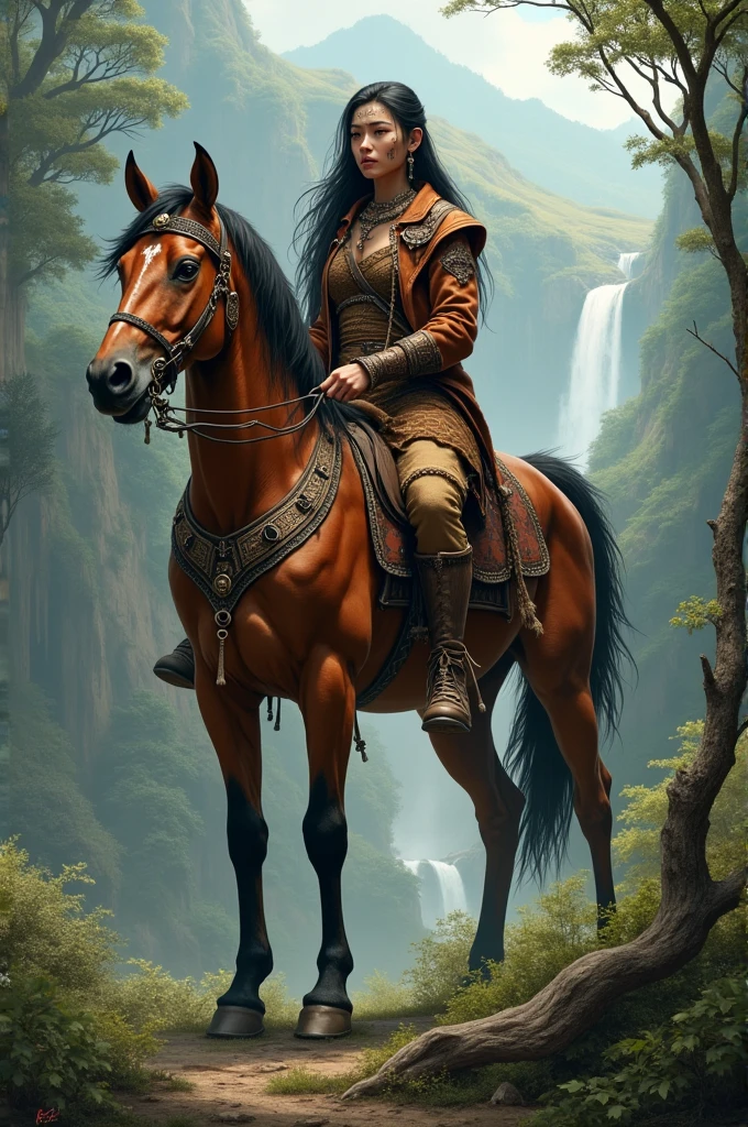 Female centaur, chamán, mongol warrior woman centaur. Nature, leather animal jacket. Medieval, Bronze Age.