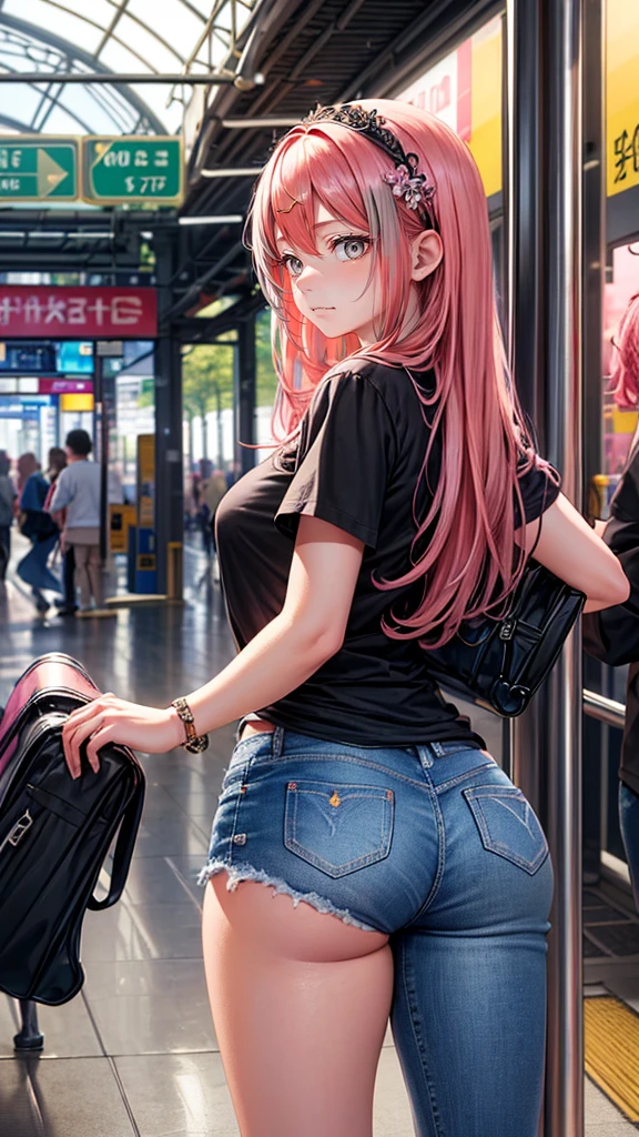 (masterpiece), (), (high resolution), Detailed, (Intricate details 1.2), (Hyper Detailed 1.4), (Gorgeous digital art 1.2), absurd, 1 Girl, Small Breasts, butt, Hair accessories, Solitary, Pink Hair, (Black shirt:1.3), jeans, (TRAIN STATION:1.2) running, thigh, shortstack, 