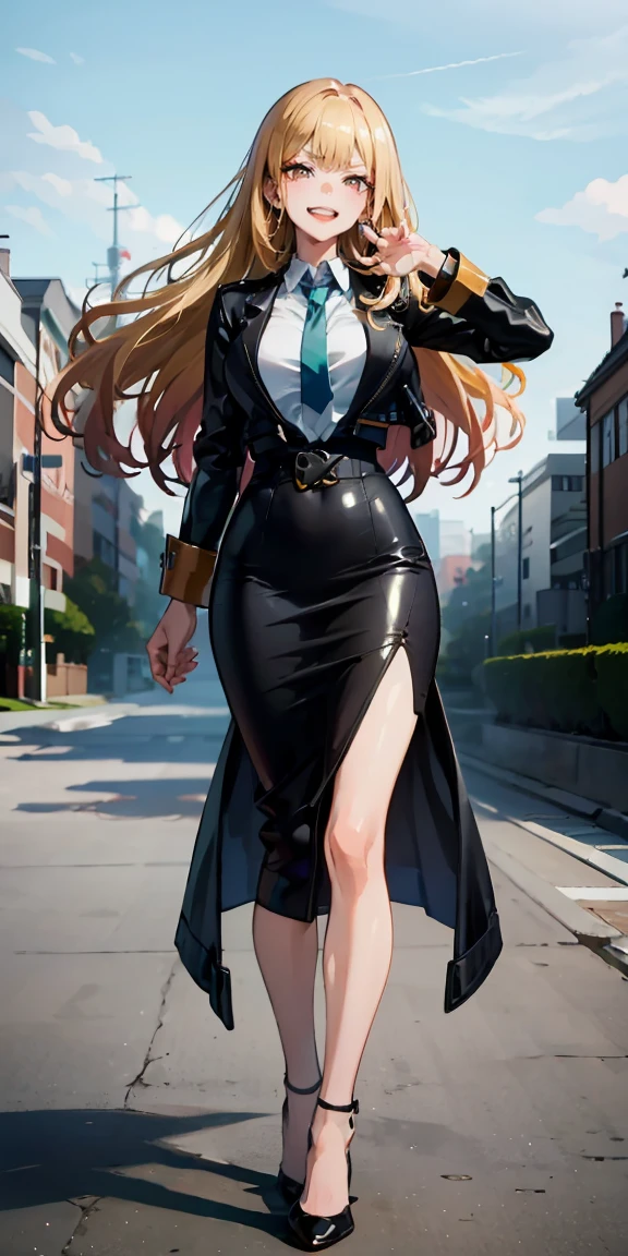 Marin Kitagawa,(best quality:1.6, highres), (beautiful detailed eyes:1.2), elevated, high-quality, beautiful face, 1 girl, leather pencil skirt, oversized leather jacket, blackbird, long hair, wide hips, landscape beautification, street, background, detailed background, sinister smile, angled laughter, long coat, blouse, tie, office woman, mature,((high heels)),A look of contempt,disgusting expression,sneer,high heel soles, 