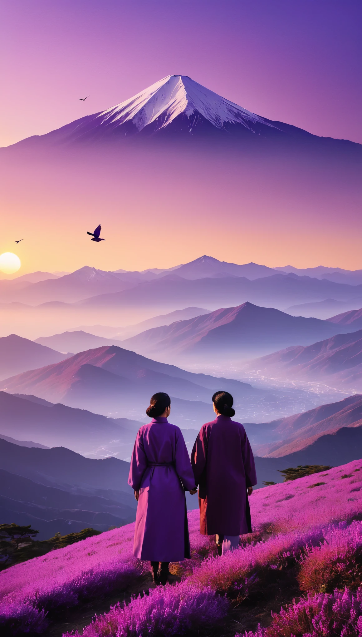 Ultra-high resolution、Ultra HD、8k、Two people engaged in deep conversation atop a magnificent purple mountain、The sun begins to set、It cast a warm and mysterious glow on the landscape..。The unique colour of the mountains、Vibrant lilac and mauve hues dominate the background.、Add a mystical touch to the scene。They were both wearing clothes of contrasting colors..、Take in the breathtaking views of the surrounding area、Expressing deep connection through body language、They seem to be engrossed in the discussion..。The gentle sound of the wind々tremble、The occasional chirp of birds creates a tranquil atmosphere.。