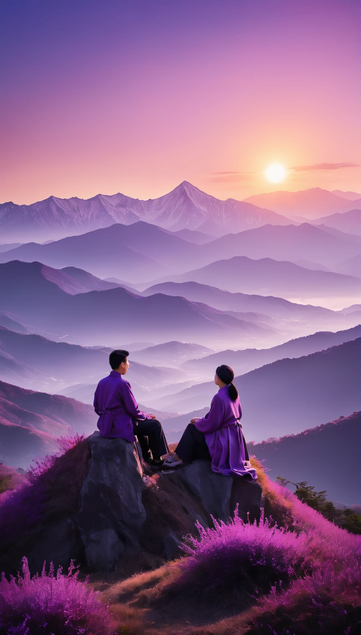 Ultra-high resolution、Ultra HD、8k、Two people engaged in deep conversation atop a magnificent purple mountain、The sun begins to set、It cast a warm and mysterious glow on the landscape..。The unique colour of the mountains、Vibrant lilac and mauve hues dominate the background.、Add a mystical touch to the scene。They were both wearing clothes of contrasting colors..、Take in the breathtaking views of the surrounding area、Expressing deep connection through body language、They seem to be engrossed in the discussion..。The gentle sound of the wind々tremble、The occasional chirp of birds creates a tranquil atmosphere.。