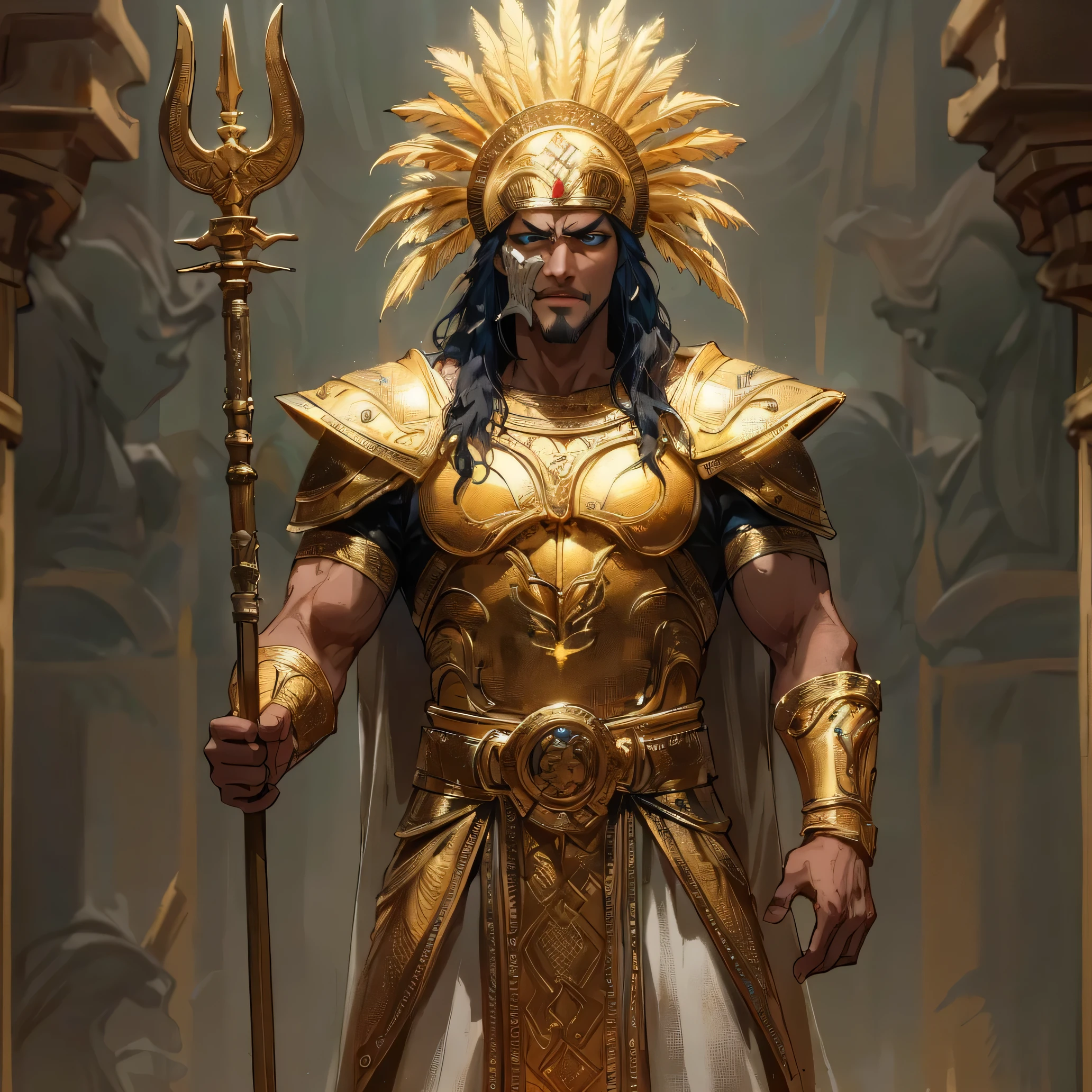 arafed image of a man dressed in gold holding a spear, portrait of greek god ares, the god emperor of mankind, legendary god holding spear, portrait of emperor of mankind, jason momoa as assyrian, ares with heavy armor and sword, snoop dogg as a barbarian, olympian god, persian warrior, picture of an adult male warrior, attractive male deityHD, (Best Detail), (Best Quality), Grimjo Jaegyaks, black boots, natural light, blue sky, angry eyes, smile, looking at the audience, full body,