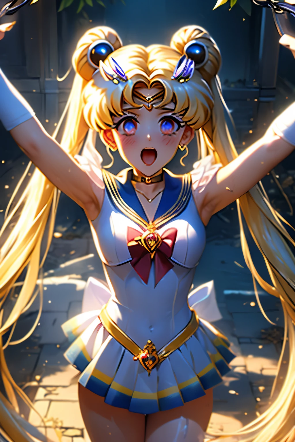 （（（Highest quality、masterpiece、Normal body、8k、Detailed face、Ultra-precision、Normal hand、Normal finger、５This finger、Highest）））、beautiful girl、Slender、Sailor Moon、Sailor Warriors、Leotard Sailor Suit、White high leg leotard、White, blue and yellow ilver ribbon on chest、Circlet、Yellow Hair、Long Hair、Twin tails、Tsukino Usagi、スーパーSailor Moon、Defeated、Exposed Skin（（Torn leotard、Torn leotard、Tattered Costume、Torn Skirt、Ripped chest、Shyness））、Damaged clothes, full of scratches、blush、Embarrassed、impatience、Frightened face、aphrodisiac、Estrus、Panting、Writhe、orgasm、Ahegao、Melting face、Open your mouth、Sticking out tongue、Heart Eyes、Eyes are hearts、Heart tattoo on lower abdomen、Obscene tattoo on abdomen、A lewd mark on the uterus、Open your arms、Constraints（（（ChainBIND、ChainBIND both hands、ChainCollar、Raise your hands and ChainBIND、Open your arms and Chain、Capture、Caught、Chain Bondage、A lot of chains、first round、Collar、CollarChain、Hanging with Chain、ChainBondage、CrossBondage）））、ruins、Dilapidated back alley、heavy rain、soaked、Wet and see-through、Sheer leotard、Full body view