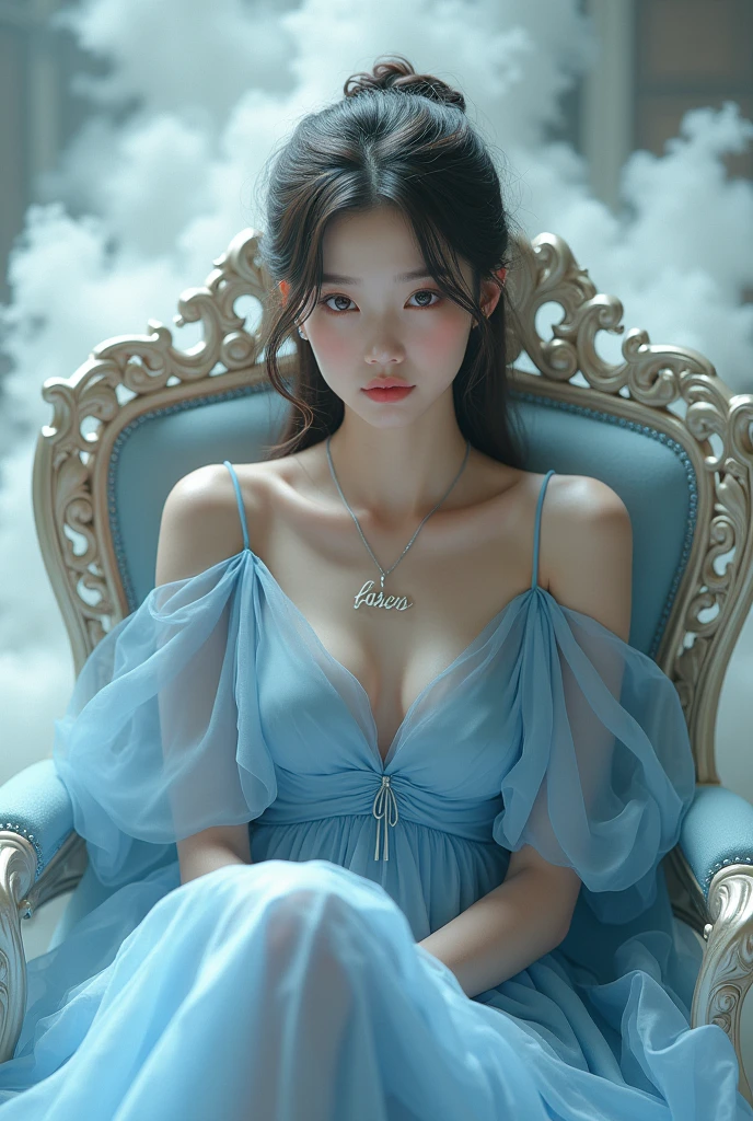 Browsing Caution, (8k, RAW Photos, Highest quality, masterpiece:1.2、RAW Photos)、Portraiture, High resolution raw color photos, Professional photos、Super Resolution, 8k, (reality, Actual Photos:1.3), 1 person、Ultra-detailed, Very detailed and beautiful, Very detailed, Amazing details、Cute beautiful woman with perfect body:1.4、Slim big tits:1.2、Full body image, Amazing details、Cute beautiful woman with perfect body:1.4、Slim big tits:1.2、Glowing Skin、Glossy Lips、High resolution face and skin textures、Beautiful Eyes、double eyelid、Very detailedな、((Dark grey hair color、Long Hair、Curly Hair)), ((Bust H cup:1.2, Very large breasts:1.2、My breasts are too big:1.2、A chest that's about to burst))、(((Ample breasts:1.4)))、((Small waist:1.1、Beautiful Abs:1.1))、((like々Fresh skin))、((My skin is glowing:1.3))、(High quality breasts、Happy expression)、((Whole Body Ezbian:1.3、Taken from a distance:1.3))、(necklace)、((Off-the-shoulder lingerie:1.1、Blue and pink see-through lingerie:1.2、Lingerie that looks like a dress:1.3))、((embroidery:1.2))、((Show More:1.1))、((Too big a castle、Beautiful castle、Luxury Chandeliers))、((Mysterious Landscape:1.1))、((Bold Look、Ruined facial expression:1.2))