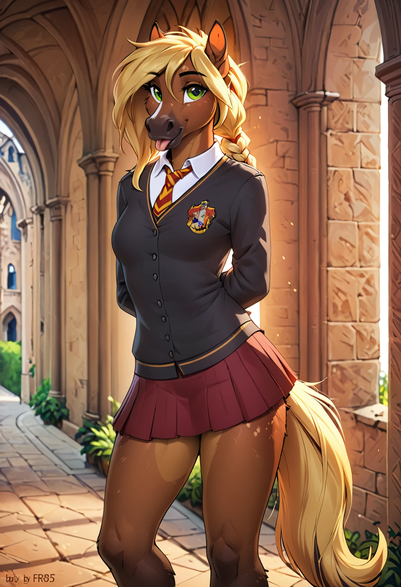 in the style of f-r95, in the style of zaush, in the style of binxxy, solo, (anthro), female, horse, blond hair, blond tail, braided ponytail, braided tail, bay horse, dun horse, brown fur, brown belly, (dark brown lower legs), digitigrade legs, hooves, white blaze on nose, green eyes, evening lighting, standing, posing for a picture, smiling at viewer, hogsks. hogwarts uniform, (knee length skirt), pleated skirt, castle corridor, gryffindor uniform, gryffindor emblem, black blazer, hands behind back, head shot, sticking tongue out