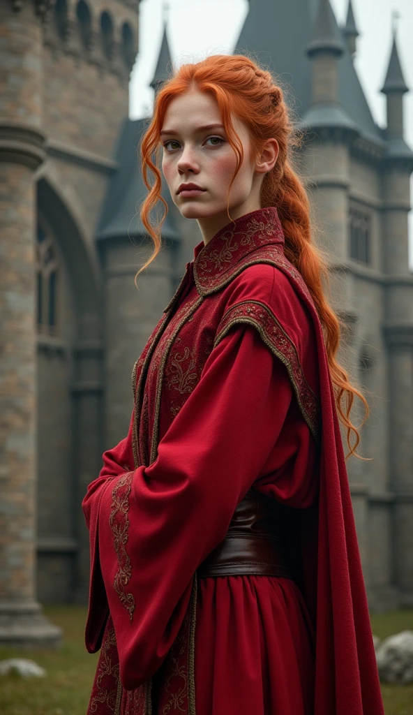 photo of ron weasley as a woman, blue_eyes, freckles, modest clothing, red, [gold], background is a common room, fireplace, drapes, carpet, old decadent forniture, colorful, energetic, magical, gryffindor, 8k uhd, sharp focus, professional, best quality