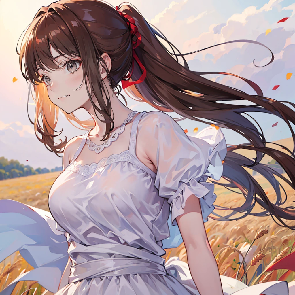 (masterpiece:1.4),, (:1.4),, Ultra-high resolution,, 8K, CG,, (Extremely refined:1.2),, , Upper body,, From the side,, Looking at the audience,, , 1 Girl,, Solitary,, Fashion Girl,, Mature girl,, , Lovely, Sweet,, , In the wheat field,, Blurred background,, , Brown long hair,, Ponytail,, , Brown eyes,, Shut up,, Red lips,, , Windblown face,, , White Dress,, Medium breasts,