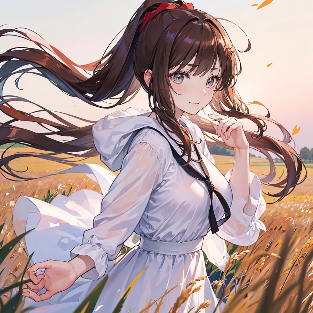 (masterpiece:1.4),, (:1.4),, Ultra-high resolution,, 8K, CG,, (Extremely refined:1.2),, , Upper body,, From the side,, Looking at the audience,, , 1 Girl,, Solitary,, Fashion Girl,, Mature girl,, , Lovely, Sweet,, , In the wheat field,, Blurred background,, , Brown long hair,, Ponytail,, , Brown eyes,, Shut up,, Red lips,, , Windblown face,, , White Dress,, Medium breasts,