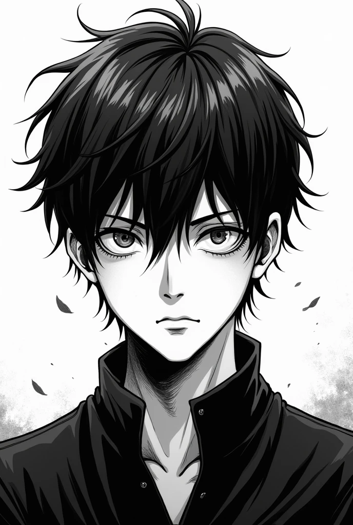 Bleach Art style manga black and white draw make a young guy with very short dark brown hair and evil aura
