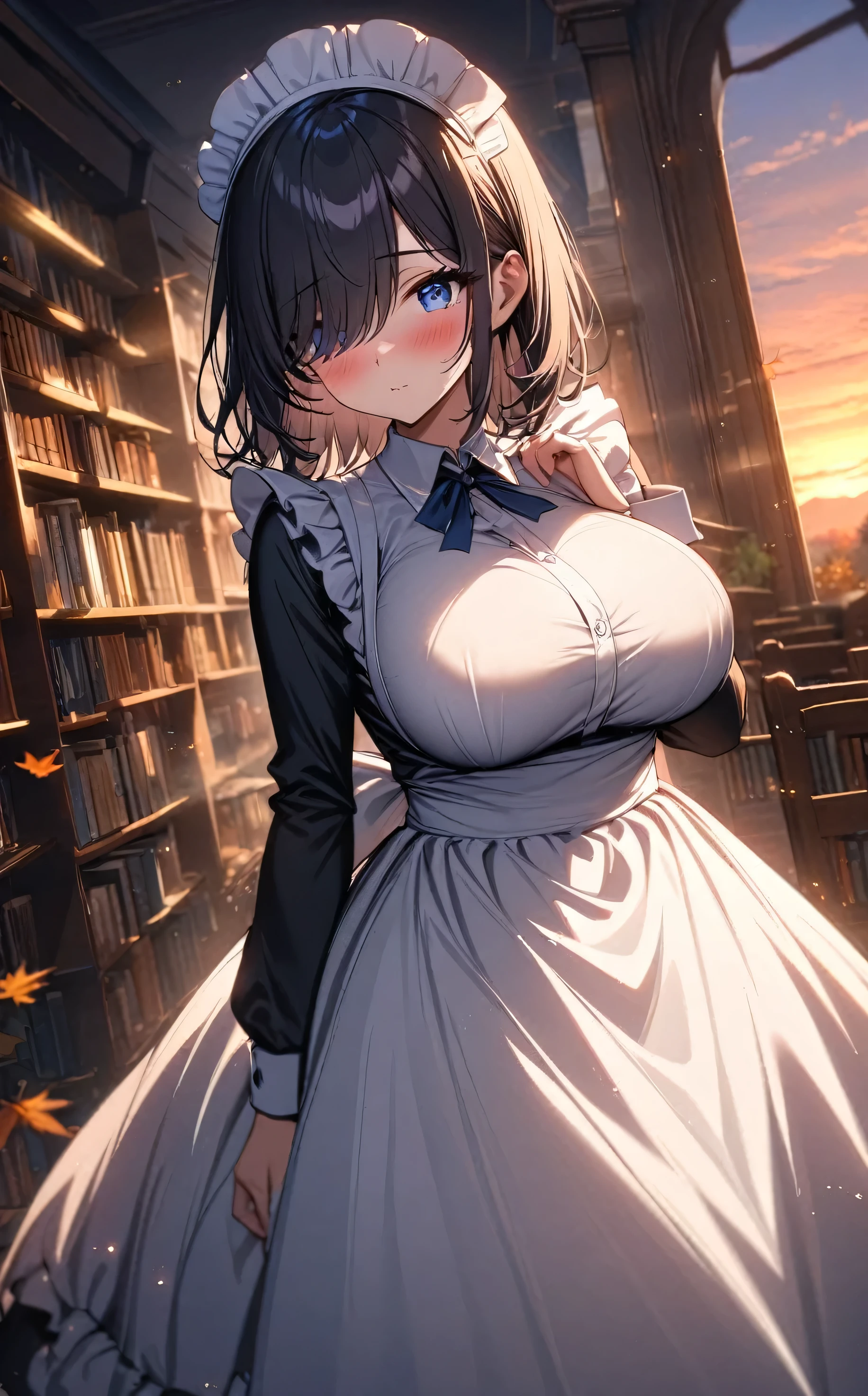 (masterpiece, Highest quality:1.2), 1girl, Black medium hair, (maid dress), growing light, ((blue eyes)), ((big breast)), light particles, long bangs, ((dusk)), bangs, high detail, glowing light, bloom, snowin, standing, (long bangs over eyes), back light, natural light, autumn, library, blush, mature, long sleeves