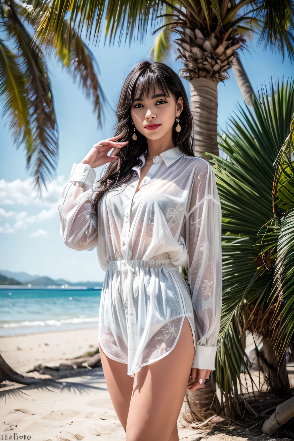 solo, full body,earrings, eyelashes, pantyhose,, (beach,(palm tree),crowd,(white shirt), floral print,red lips),sexy evocative smile,, (shiny skin:1.05),(blush:0.9),(skindentation:1.15),realistic, masterpiece, highest quality, highres,absurdres, (perfect face:1.1), (sharp focus:1.1),,  trending on ArtStation, trending on CGSociety, Intricate, High Detail, Sharp focus, dramatic,