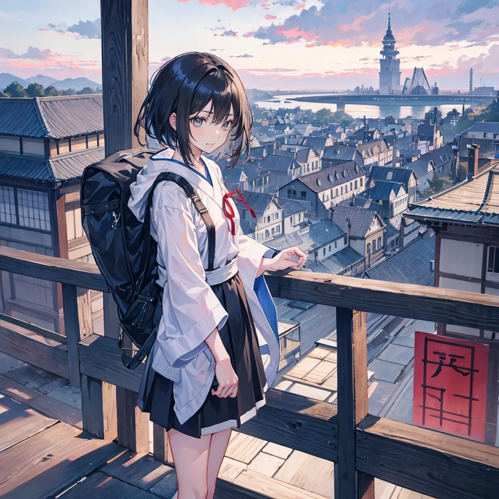 1 Girl,Bangs,black_hair,Blue_sky空,bridge,architecture,castle,[City,[Cityscape,cloud,sky,skirt,Searching for_exist_Viewer,outdoor,Red_tie,Red_Ribbon Ribbon River,Short_hair,Short_sleeve,sky空,sky空scraper,Solitary,permanent,village,wexister,(Masterpiece Japanese Animation,newest,new,exception:1.2),