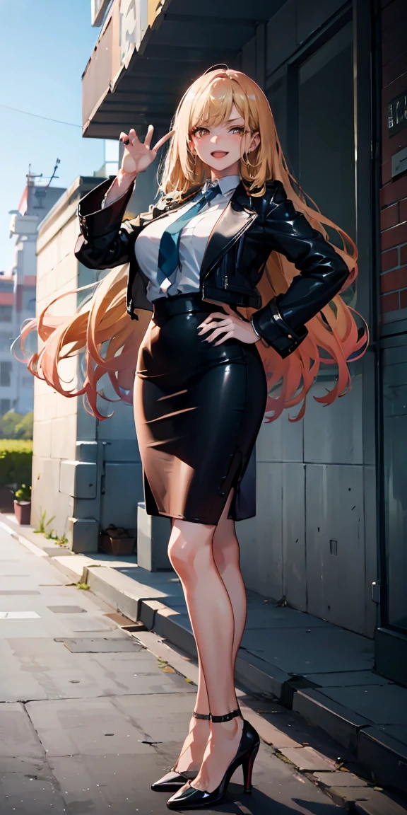 Marin Kitagawa,intenseglare,(best quality:1.6, highres), (beautiful detailed eyes:1.2), elevated, high-quality, beautiful face, 1 girl, leather pencil skirt, oversized leather jacket, blackbird, long hair, wide hips, landscape beautification, street, background, detailed background, sinister smile, angled laughter, long coat, blouse, tie, office woman, mature,((high heels)),A look of contempt,disgusting expression((,Legs raised high heels soles)), 