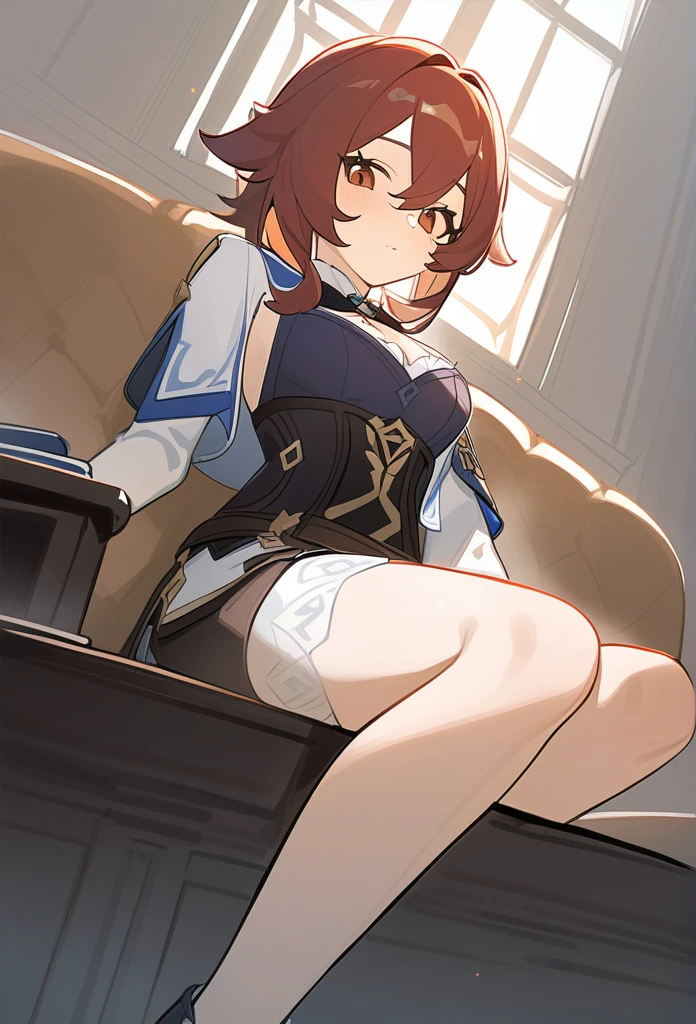 ((Masterpiece)), (Best Quality), marine_beret, Collared Shirt, Sleeveless, High-waisted Skirt, Pantyhose, Blue Jacket, Fur Embellishment, Fingerless Gloves, ID Card, (NSFW: 2.0), Full Body, Solo