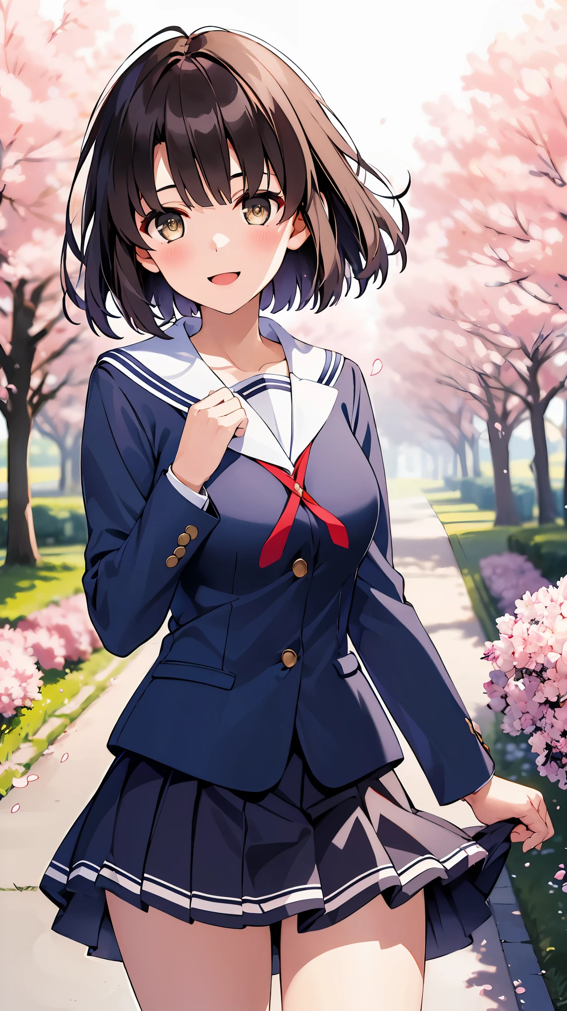 ((masterpiece, best quality, highres)), depth of field, 
BREAK, 1girl, standing, cowboy shot, close mouth, smile, 
BREAK, (outdoor, cherry blossom),   
BREAK, bbmegumi, short hair, school uniform, sailor collar, (blue shirt:1.2), long sleeves, pleated skirt, blue skirt