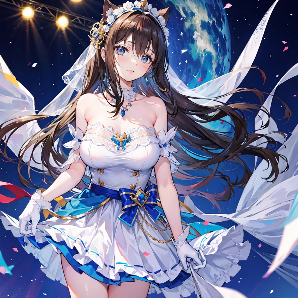 Sagisawa Fumika, 1 Girl, Solitary, watch, pendant watch, Blue Eyes, breast, Gloves, Headdress, skirt, Long hair, Lysis, Looking at the audience, white Gloves, Bare shoulders, Open your mouth, large breast, Strapless, Necklace, blush, white skirt, Black Hair, Brown hair, Hair between the eyes, Strapless skirt, clavicle, Smile, Bangs, on stage,