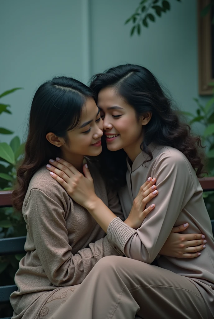 beautiful hijab indonesian lesbian girl laying down,bra and panties,hugging,french kiss,breast grope,view from far,,raining,x