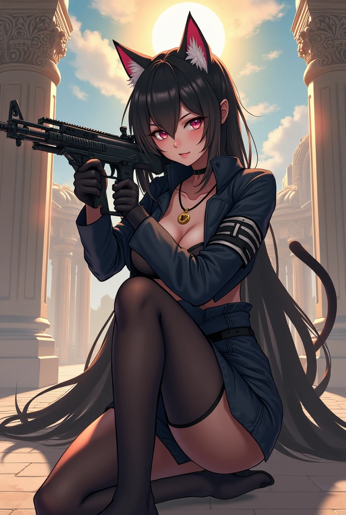 A beautiful woman in black stockings,holding a pistol in hand,No shoes on。Standing on a steppe。Body and clothes。