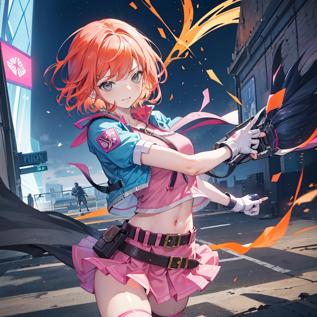 1 Girl,Cowboy shooting, Beautiful Nora_Valkyrie, Looking at the audience, Smile, Short hair, Blue Eyes,Heart Shaped Pattern, Gloves,  jacket, Pink skirt, Pink belt, Short sleeve, Puff sleeves, Single armband, fingerless Gloves, Orange Hair, pink Gloves, Dynamic poses, night, outdoor, [City, (Volumetric Lighting), , Masterpiece intricate details, Tone Mapping, Clear focus, Ultra Detailed, Popular on artstation,