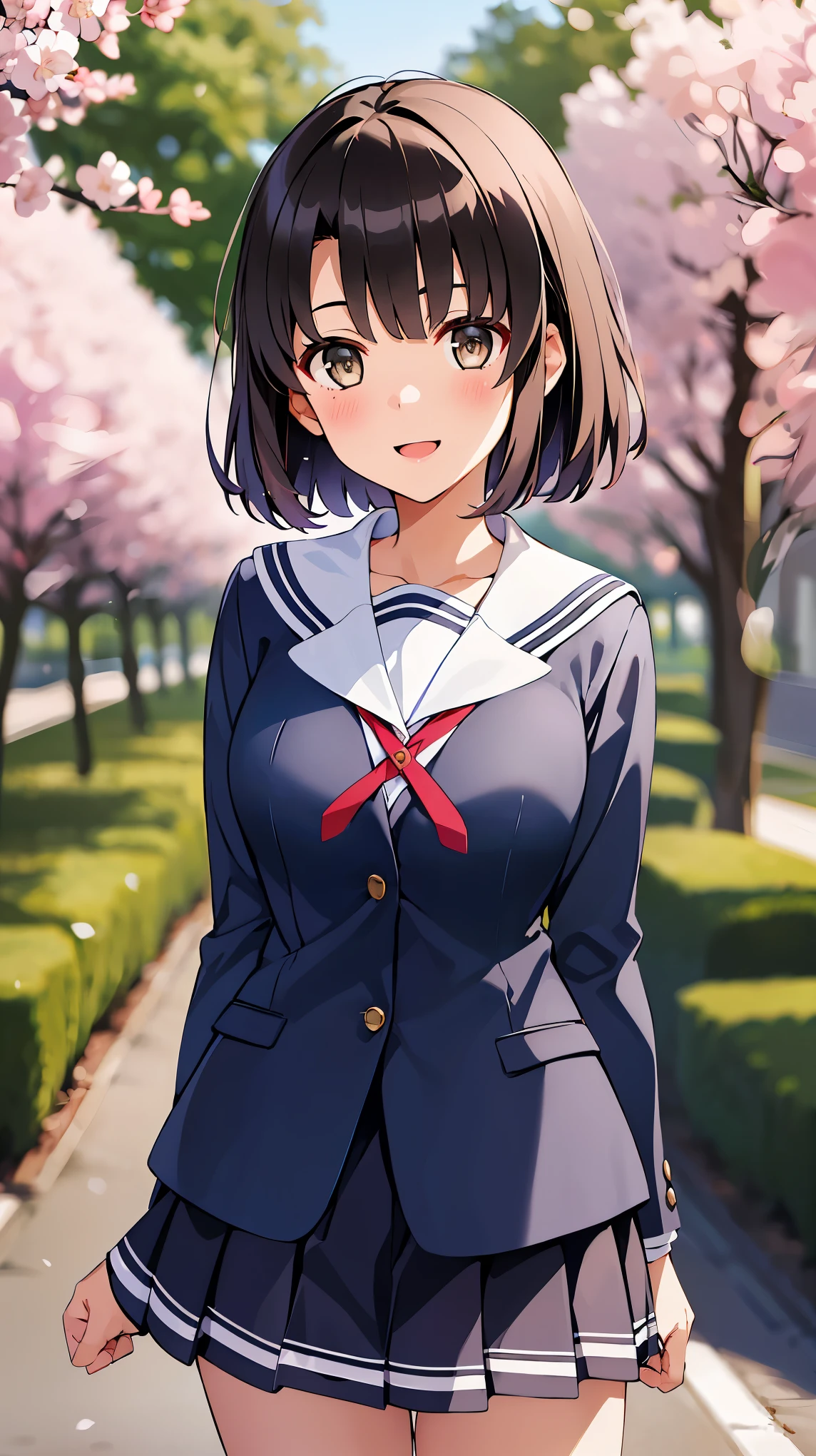 ((masterpiece, best quality, highres)), depth of field, 
BREAK, 1girl, standing, cowboy shot, close mouth, smile, 
BREAK, (outdoor, cherry blossom),   
BREAK, bbmegumi, short hair, school uniform, sailor collar, (blue shirt:1.2), long sleeves, pleated skirt, blue skirt