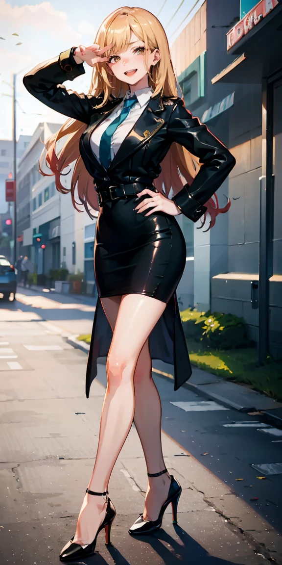 Marin Kitagawa,intenseglare,(best quality:1.6, highres), (beautiful detailed eyes:1.2), elevated, high-quality, beautiful face, 1 girl, leather pencil skirt, oversized leather jacket, blackbird, long hair, wide hips, landscape beautification, street, background, detailed background, sinister smile, angled laughter, long coat, blouse, tie, office woman, mature,((high heels)),A look of contempt,disgusting expression((,Legs raised high heels soles)), 