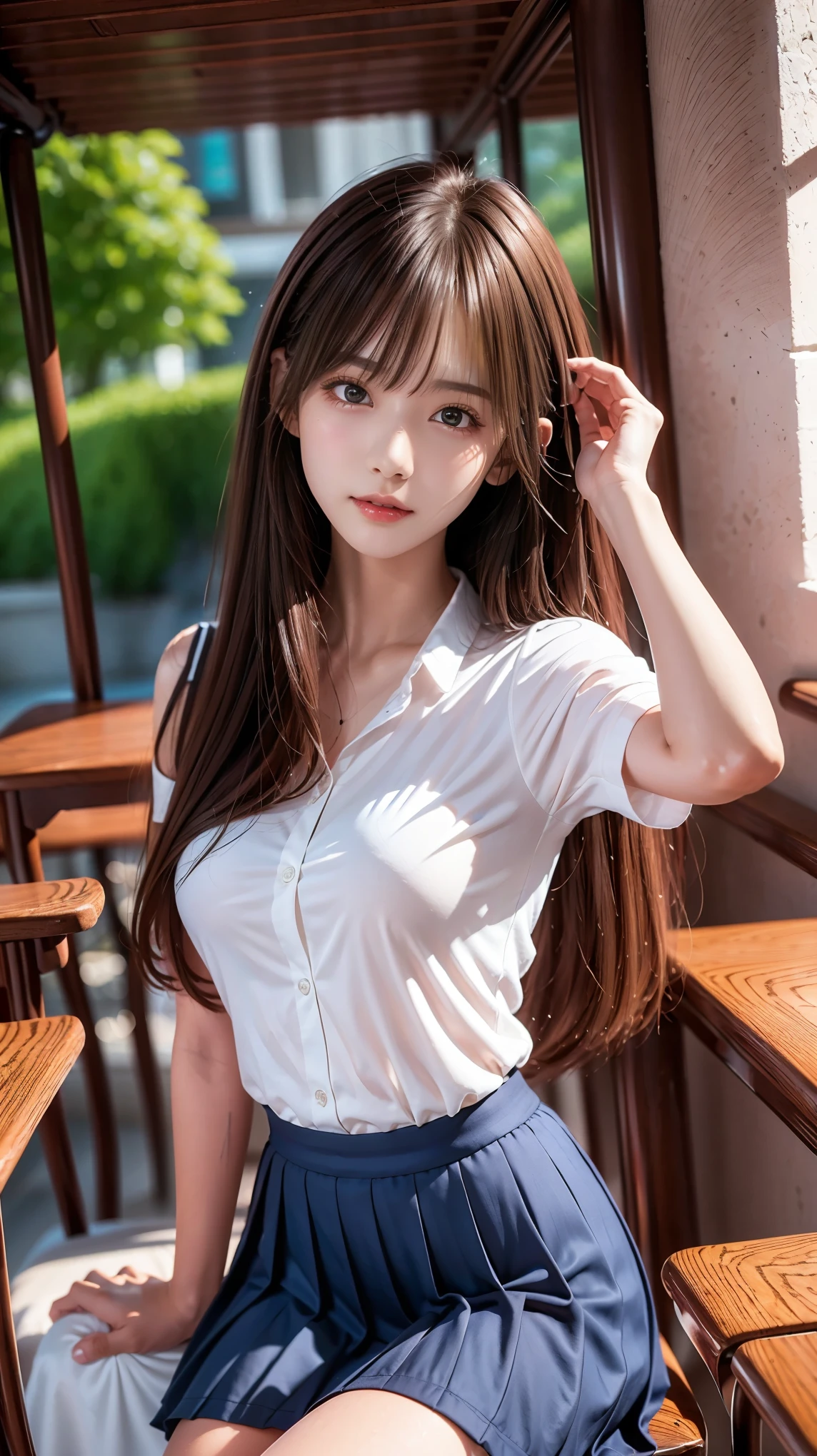 highest quality, masterpiece, High definition, 16k image, beautiful , Medium Bob Hair,明るい茶色のbeautiful髪, 明るい茶色のbeautiful目, (Plump and large breasts), High , Narrow waist, Short sleeve white blouse, Pleated skirt, High school girl sitting by the window in a cafe, blush, Beyond the Window, The rain falls quietly, 街の明かりがbeautiful景色を創り出す,、((Sexy panties in full view:1.1))、((Spread your legs wide:1.1))