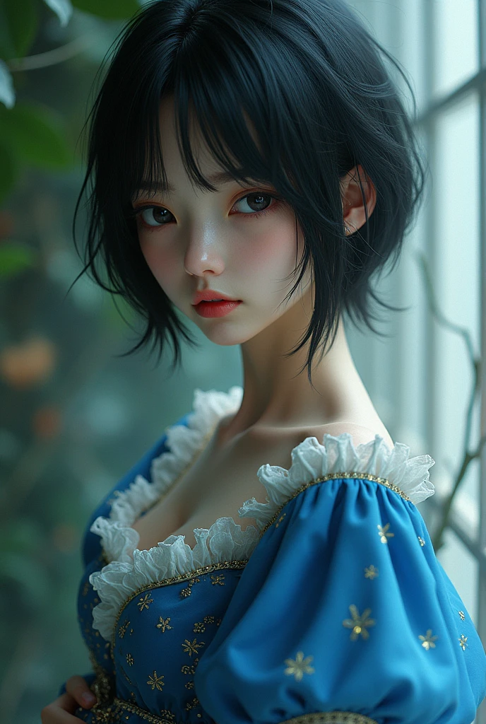 very beautiful, well-groomed girl, With clean skin, normal functions, Beautiful lips, and a slight smile on her face. beautiful figure, modern clothes, cool modern couture dress. presentation background, neutral gray-blue, in virtual space. top quality, 16 thousand.. Full HD, Cinematic rendering. Create a work of art, conveying the unique beauty of baby Michela.., Famous digital influencer. Focus on her unique facial expression, when she looks directly at the camera., trying to capture the intensity of her piercing blue eyes. Channel her signature style with a Spanish-style hairstyle., styled with two carefully crafted hairpieces.. Add details, reflecting her charming and avant-garde personality.. We took care of that, to convey an aura of modernity and originality, which characterizes Lil Miquela in the digital world. ., Some freckles and nevi, and short hair, wrapped
