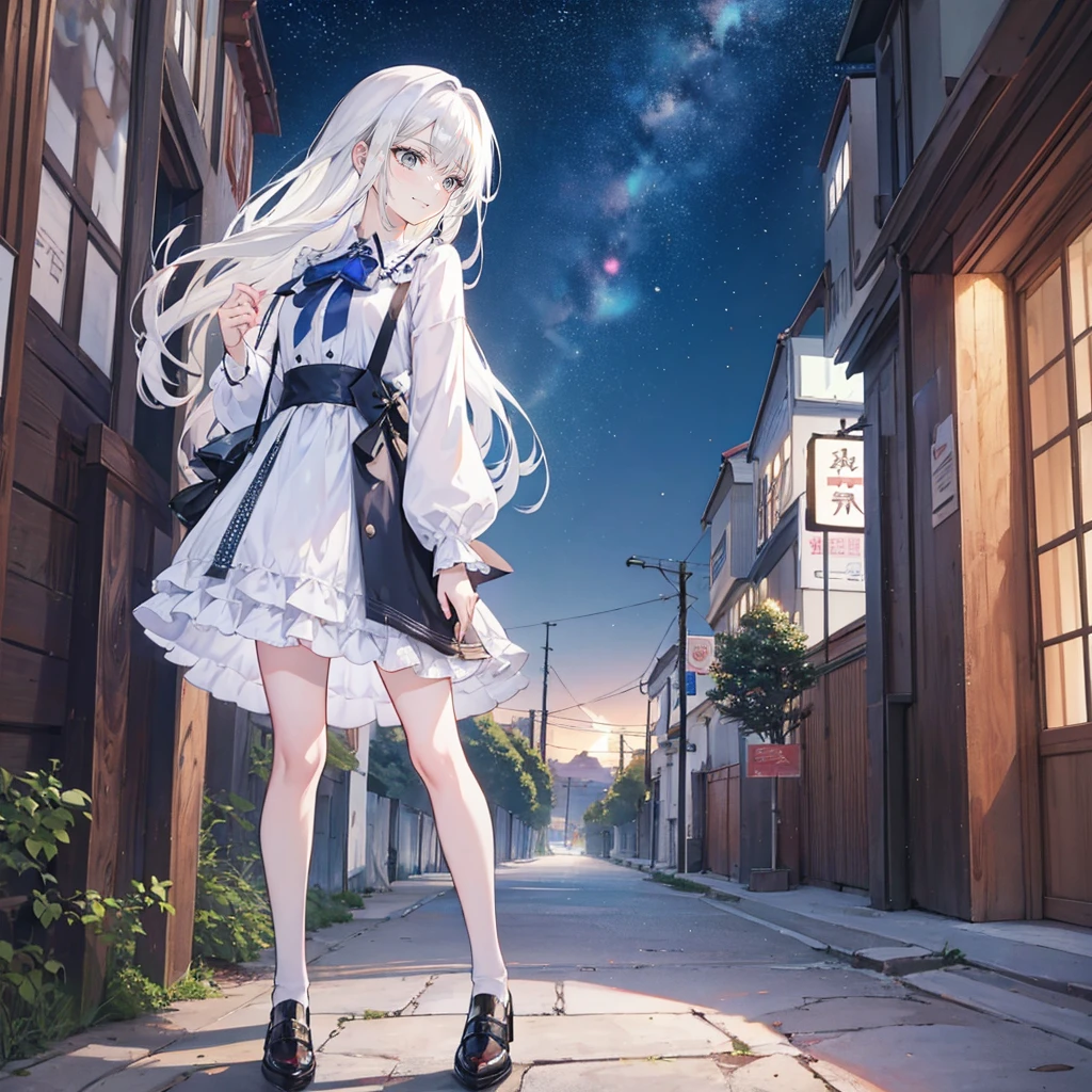 The background is a city, perfect White hair girl, ****ta in a skirt, White hair, White hair god, Cute anime girl in beautiful clothes, White hair, Best Anime 4K Konachan Wallpapers, Small curve, pixiv artstation 上的 guvez, White hair girl, Night Core, Standing on a tree, Looking at the stars, Rich facial details