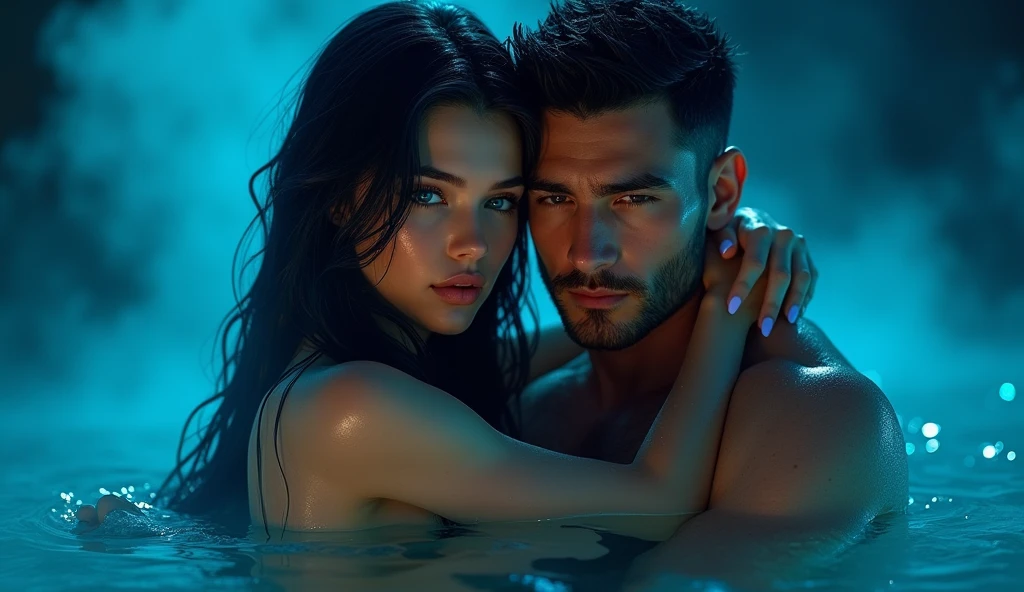 Johny depp, clean shaved, blue eyed, ((hot look)), glass in one hand ,in swimming pool, ((chill mood)), half hugging the sexy girl in other hand, girl extremely exposed biki, sexy look, curl hair,