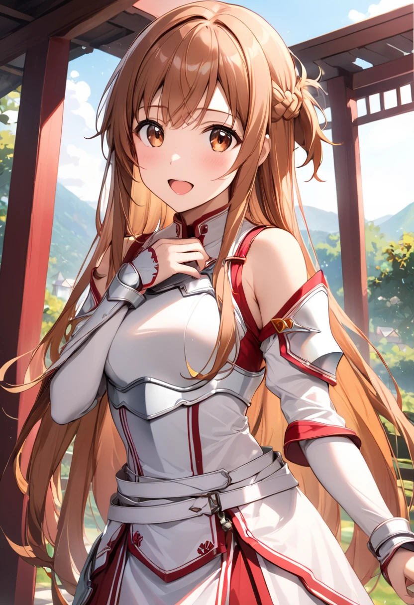 ((masterpiece)), Best Quality, Very detailed,(One Girl),As Yuuki, Long Hair, bangs, Brown Hair, Brown eyes, very Long Hair, Braiding,
dress, Expose your shoulders, Removable sleeves, white dress, armor, chest当て, white armor、全身armor、肩armor、tiny hand、腰armor、脚armor、脛当て
 Long Hair, Beautiful background ,clothing,  chest, (((Excited))), (((In the heat))),