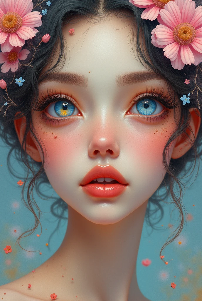 A woman with flowers in her eyes, beautiful detailed eyes, beautiful detailed lips, extremely detailed eyes and face, long eyelashes, woman wearing a flowery dress, pastel painting oil stick painting, thick coating, texture, inspired by Moebius, trippy, watercolor illustration, portrait of a big eyes, ulzzang, pink eyes, (best quality,4k,8k,highres,masterpiece:1.2),ultra-detailed,(realistic,photorealistic,photo-realistic:1.37),HDR,UHD,studio lighting,ultra-fine painting,sharp focus,physically-based rendering,extreme detail description,professional,vivid colors,bokeh