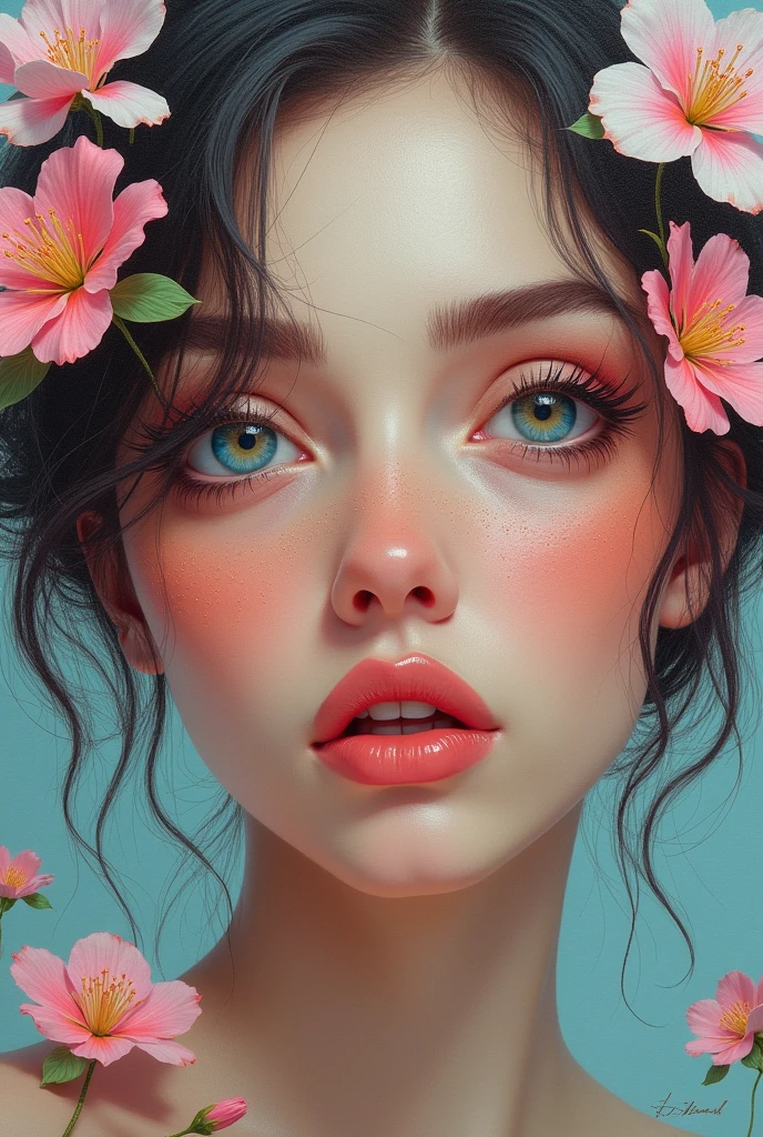 A woman with flowers in her eyes, beautiful detailed eyes, beautiful detailed lips, extremely detailed eyes and face, long eyelashes, woman wearing a flowery dress, pastel painting oil stick painting, thick coating, texture, inspired by Moebius, trippy, watercolor illustration, portrait of a big eyes, ulzzang, pink eyes, (best quality,4k,8k,highres,masterpiece:1.2),ultra-detailed,(realistic,photorealistic,photo-realistic:1.37),HDR,UHD,studio lighting,ultra-fine painting,sharp focus,physically-based rendering,extreme detail description,professional,vivid colors,bokeh