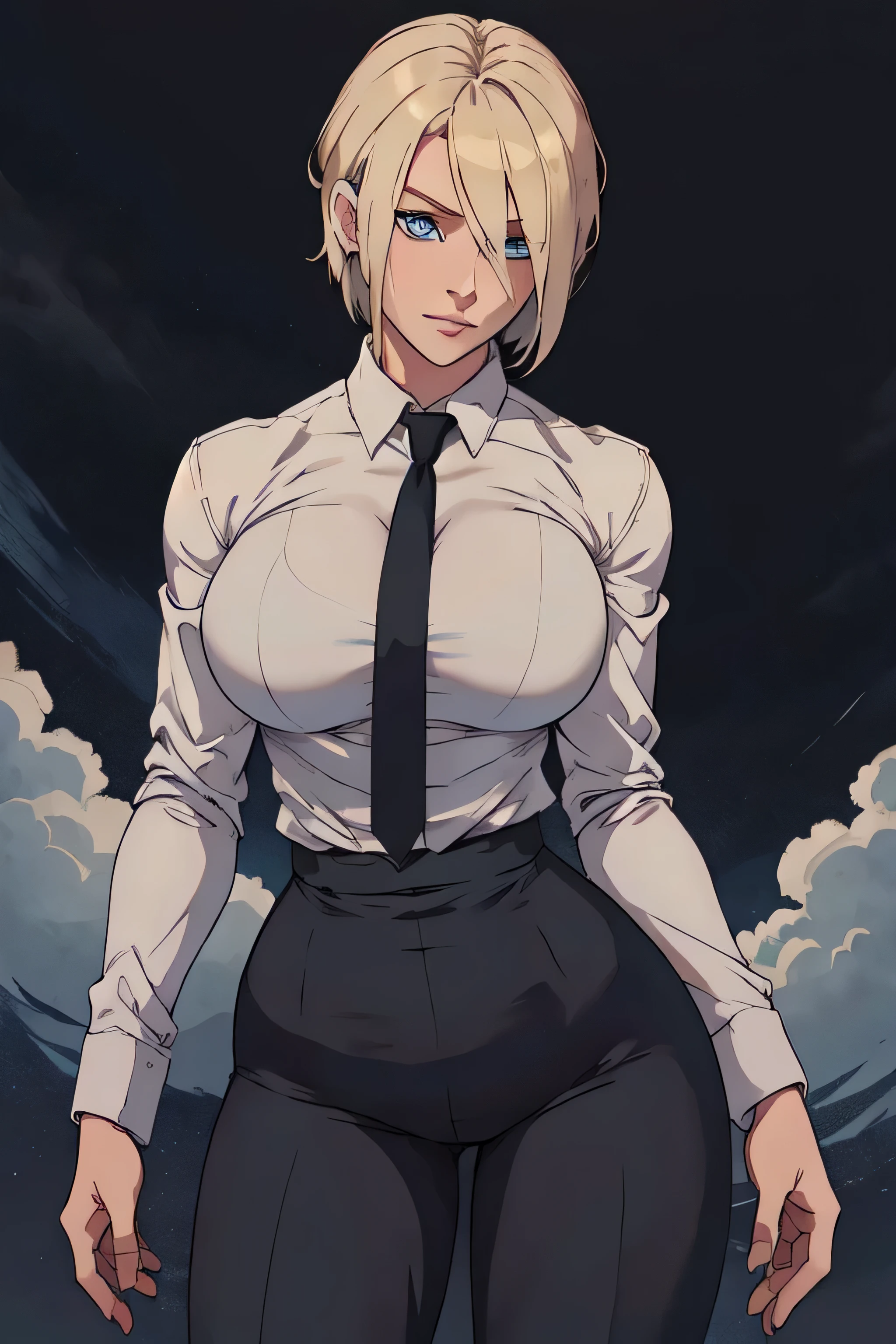 Girl with short blonde hair, blue eyes, wearing A white dress shirt, breasts, with a black tie, defined body, wearing black dress pants, defined waist, hips, collared shirt