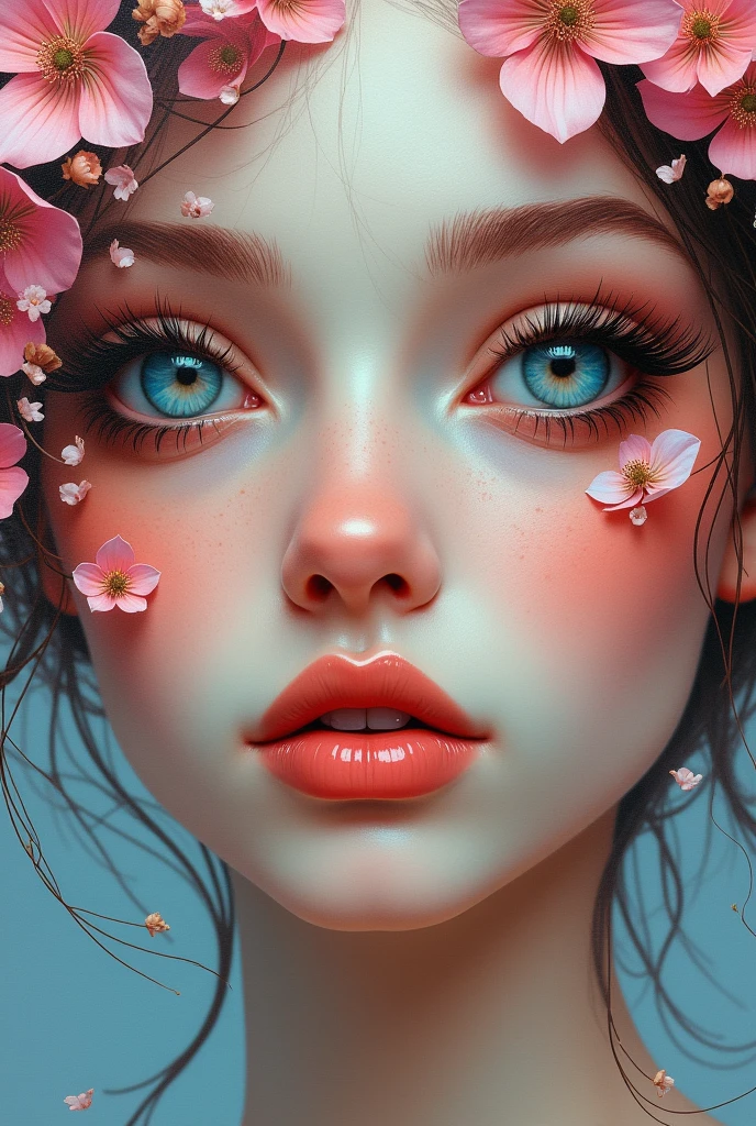 A woman with flowers in her eyes, beautiful detailed eyes, beautiful detailed lips, extremely detailed eyes and face, long eyelashes, woman wearing a flowery dress, pastel painting oil stick painting, thick coating, texture, inspired by Moebius, trippy, watercolor illustration, portrait of a big eyes, ulzzang, pink eyes, (best quality,4k,8k,highres,masterpiece:1.2),ultra-detailed,(realistic,photorealistic,photo-realistic:1.37),HDR,UHD,studio lighting,ultra-fine painting,sharp focus,physically-based rendering,extreme detail description,professional,vivid colors,bokeh