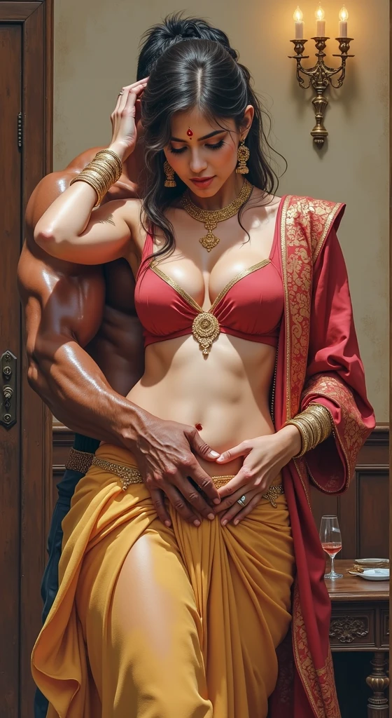 A girl, a handsome boy, girl Saris dress, full body pic, boy six packap, boy Pressing girl milk with both hands, girls waist open, girls big ass, girl Big boobs open, boy can see girls boobs, high detail, ultra realistic, extremely detail