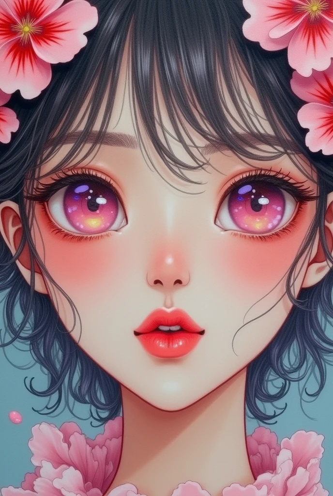 A woman with flowers in her eyes, beautiful detailed eyes, beautiful detailed lips, extremely detailed eyes and face, long eyelashes, woman wearing a flowery dress, pastel painting oil stick painting, thick coating, texture, inspired by Moebius, trippy, watercolor illustration, portrait of a big eyes, ulzzang, pink eyes, (best quality,4k,8k,highres,masterpiece:1.2),ultra-detailed,(realistic,photorealistic,photo-realistic:1.37),HDR,UHD,studio lighting,ultra-fine painting,sharp focus,physically-based rendering,extreme detail description,professional,vivid colors,bokeh