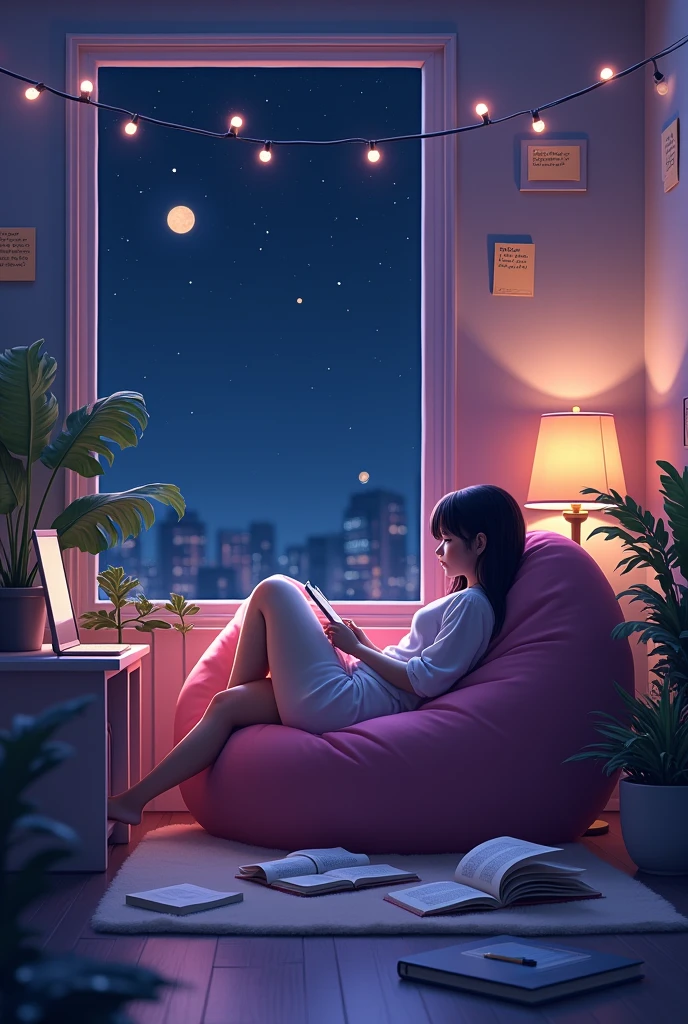 beautiful teenager in her room in the city waring earpads studding a book computer infront stars in window at night time hyper realistic,8k,ultra detailed hd,pixar style,high definition,16:9