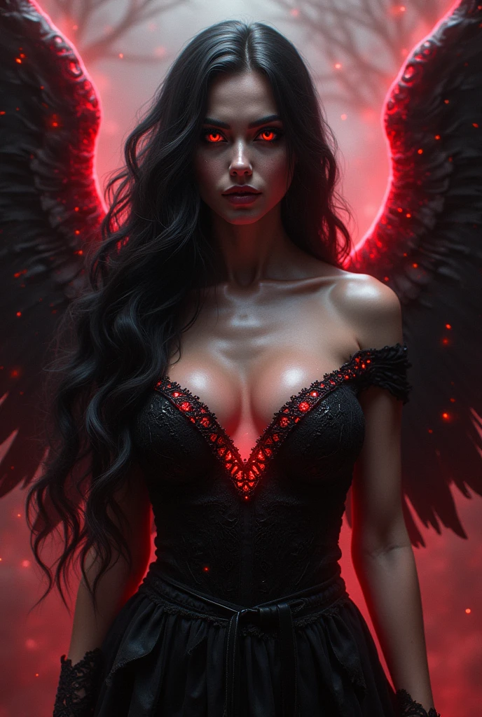 A breathtaking, hyper-realistic portrayal of a young woman exuding an aura of dark mystique and undeniable power. She stands in a defiant, assertive pose with her left hand confidently resting on her hip, her large, jet-black wings slightly unfurled behind her, casting deep, ominous shadows. Her flowing, wavy hair, a rich shade of deep violet, cascades around her face, partially obscuring her sharp, striking features. From her forehead, a pair of small, elegantly curved horns emerge, adding to her otherworldly appearance, while just below, a glowing red pentagram is intricately etched into her pale skin, pulsating softly with an ethereal light that contrasts starkly against the dim surroundings.
Her expression is one of calm and calculated confidence, her lips curled into a subtle, knowing smile, as if she holds the secrets of the dark forces she commands. The background is a hauntingly detailed, ancient stone wall, weathered by time and marked by the remnants of dark rituals. The wall is adorned with a large, crimson pentagram, painted with a mixture of blood and shadow, the paint still fresh enough to glisten in the low light. Chains dangle from above, their links thick and heavy, ending in skulls that seem to peer out from the darkness with hollow, lifeless eyes.
The atmosphere is thick with tension, as if the very air is charged with the residual energy of countless rituals performed within these walls. The lighting is meticulously crafted, with a low, dramatic illumination that enhances every texture—the roughness of the stone, the gleam of the chains, the soft yet menacing sheen of her wings. The shadows are deep and enveloping, creating a stark contrast that draws the viewer’s gaze to her piercing eyes and the glowing pentagram.
Captured with a high-definition, cinematic lens and a shallow depth of field, the focus is sharply on her determined expression and the intricate details of her otherworldly features. The background, slightly blurred,