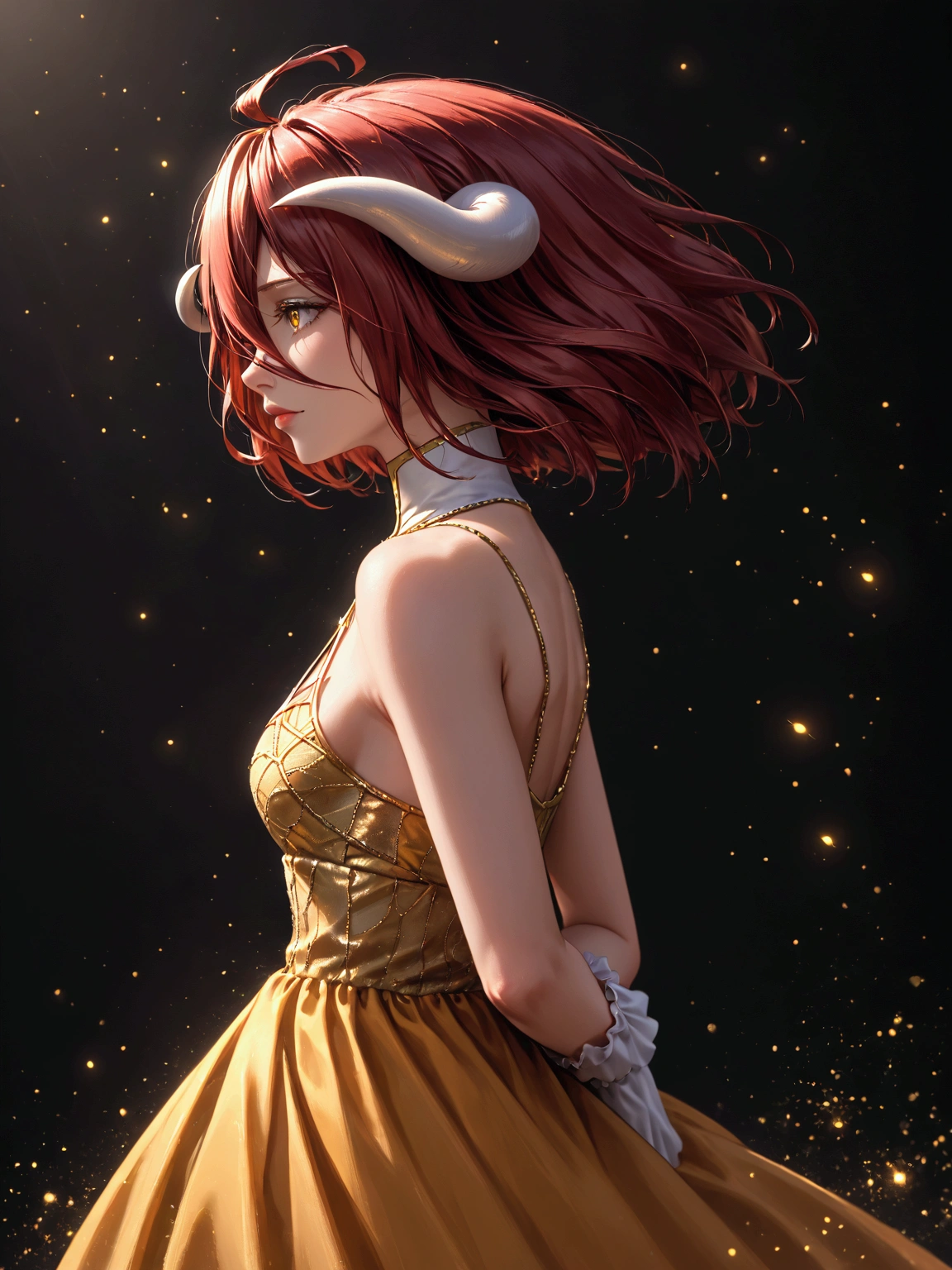 A high resolution, sharp focus, Pixiv masterpiece, ((Intricate details)), highly detailed, 1 girl, golden white dress, white horns, Albedo_Overlord, red hair, short hair (Low Wing, :1.1), upper body, black background, golden dust, golden sparks, golden particles, ((arms behind back)),